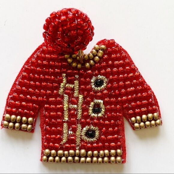 Red and Gold Boho Seed Beaded Ho Ho Ho Ugly Christmas Sweater Earrings - Picture 5 of 10